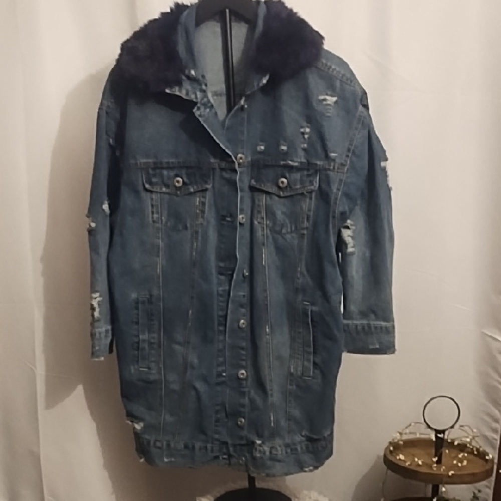 Women's Distressed Denim Jacket with Faux Fur Collar